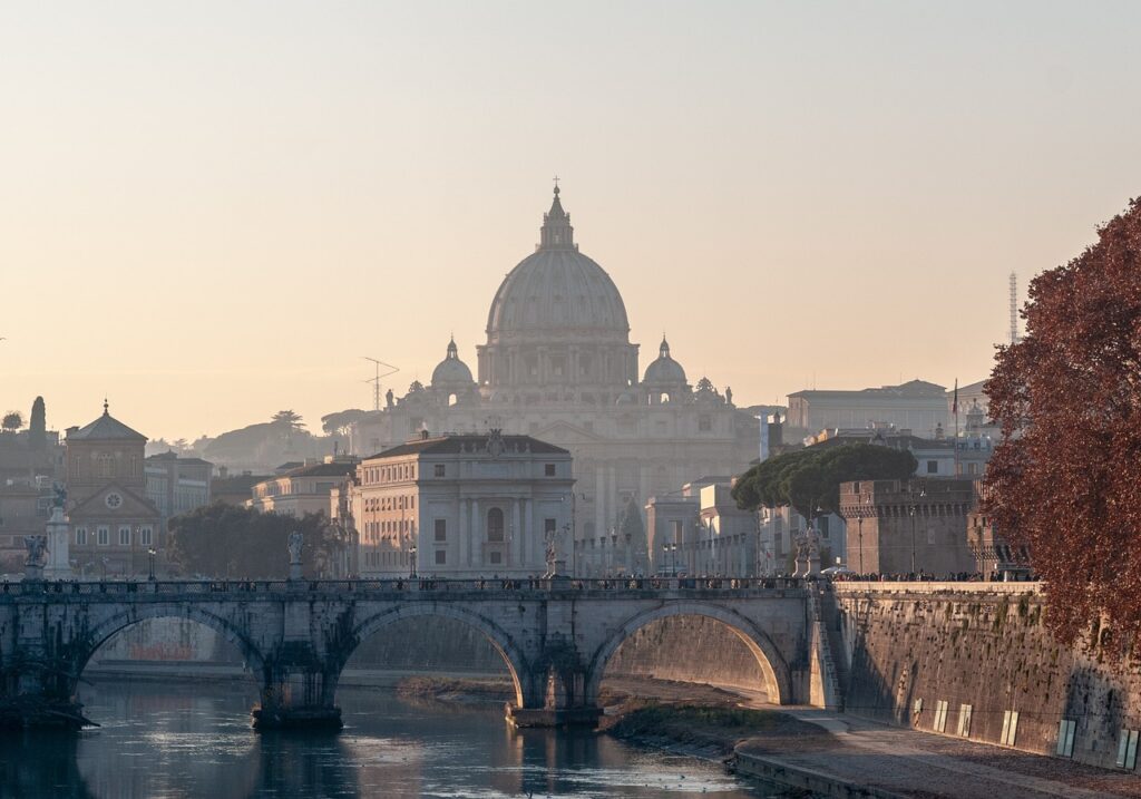 rome, nature, sunset, bridge, dome, architecture, city, historical, old